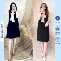 [V434] Đầm Váy Bầu Công Sở Thu Đông Dài Tay Cổ Nơ Phối Voan Điệu Đà - Đầm Bầu Xinh Hàng Thiết Kế Freesize