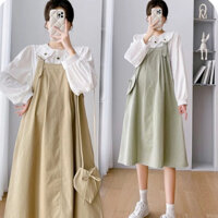 V458 VÁY ĐẦM TIỂU THƯ CÔNG SỞ MÙA THU-ĐẦM BẦU YẾM LIỀN PHỐI TAY CỔ SƠ MI TRẮNG CỰC SANG VẢI THÔ MỀM FRSIZE DỄ MẶC