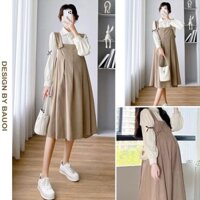 [V471] SET ĐẦM VÁY BẦU THU ĐÔNG DÀI TAY CỔ SƠ MI ĐIỆU ĐÀ GỒM ÁO VÀ YẾM LIỀN NHAU - ĐẦM BẦU CÔNG SỞ XINH BIGSIZE