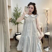 V48-Váy bầu kẻ sọc xanh xinh,phối cổ sen trắng,tay cánh tiên phần đuôi cá xòe, phù hợp mặc đi làm,đi chơi,quà tặng