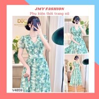 V4859 Váy đầm lá xanh xòe cổ V sang chảnh [Dolce Viva Colection (DVC)] váy voan xanh xếp ly ngực dáng xòe dài nữ tính