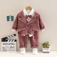 V505 - Set Đồ Vest Cho Bé Trai Thanh Lịch Kèm Nơ - Caro Đỏ