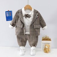 V506 - Set Đồ Vest Cho Bé Trai Thanh Lịch Kèm Nơ - Caro Xám Nâu