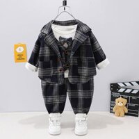 V511 - Set Đồ Vest Cho Bé Trai Hàn Quốc Thanh Lịch  - Caro Đen Xanh