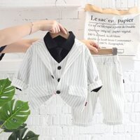 V522 - Set Đồ Vest Kẻ Sọc Trắng Cho Bé Trai Hàn Quốc Có Kèm Cà Vạt