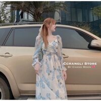 V55 - VÁY VOAN TƠ HOA CỔ V HOA VẠT CHÉO