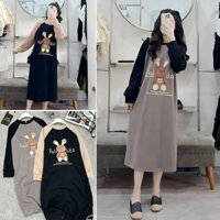 [V607] ĐẦM VÁY BẦU NỈ QUẢNG CHÂU CAO CẤP DÁNG SUÔNG THU ĐÔNG DÀI TAY CỔ TRÒN IN HÌNH THỎ DỄ THƯƠNG - ĐẦM BẦU XINH