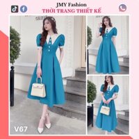 V67 Váy xanh basic phối cổ lá trắng dáng xoè midi - TH Hà Thanh