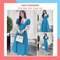 V67 Váy xanh cổ lá [freeship] váy dáng xoè dài nữ tính - TH Hà Thanh