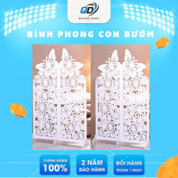 Vách Ngăn Bình Phong Kèm Kệ Di Động Họa Tiết Con Bướm, Màu Trắng Phong Thủy, Sang Trọng, Vách ngăn bình phong kèm kệ