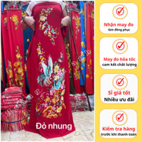Vải áo dài lụa Mango họa tiết thêu chim công và hoa trung niên cho bà sui, Vải may áo dài váy đồ bộ thiết kế màu Đỏ