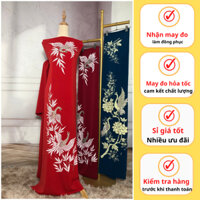 Vải áo dài lụa mỹ đính họa tiết chim hạc trung niên cho bà sui, Vải may áo dài váy đồ bộ thiết kế màu Đỏ M2