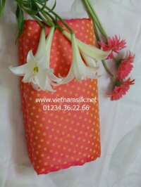 Vải lụa tơ tằm Hà Đông -V45- Màu cam họa tiết chấm bi
