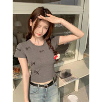 Vải Modal Áo Thun Nơ Cổ Tròn 260g Áo Thun Nữ Chui Đầu thường ngày mùa hè màu Trơn Áo giáp lưới phối thông thường 9POS
