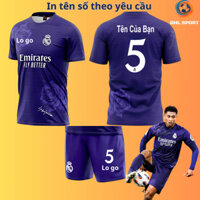 (Vải thun mè) Áo bóng đá CLB Real tím hoa hồng sân khách 2024/2025, áo bóng đá in tên số theo yêu cầu ĐHL SPORT