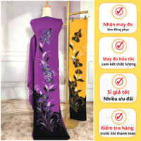 Vải tơ ý nhung đính kết kim sa trung niên may áo dài, vải tơ ý nhung cao cấp may đồ bà sui, mẹ màu Tím TYN1