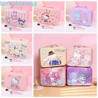 Vali đựng mỹ phẩm LAMIABOTTEGA Kuromi, Túi trang điểm cầm tay Kitty gương đổ xô, hình chữ nhật chống thấm nước Anime Dây kéo Phim hoạt hình Hộp đựng mỹ phẩm PU ngoài trời