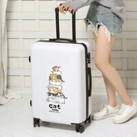 Vali kéo du lịch bằng nhựa in hình chú mèo lười biếng size 20 24 26 nhiều màu đáng yêu - Trắng - 26 inch