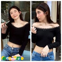 （Vận Chuyển Nhanh Từ Hà Nội）Áo Thun Nữ Dài Tay Mùa Hè Gợi Cảm Thời Trang Trễ Vai Ren Crop Top