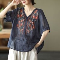 Văn Học Retro Công Nghiệp Nặng Thêu Mùa Hè Tencel Áo Thun Nữ Ren Khâu Cổ Chữ V Sang Trọng Pu