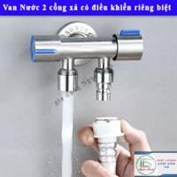 Van Nước 2 cổng xả có điều khiển riêng biệt dạng vòi chia nước 90 - đầu ra 21mm, Chất liệu bằng Inox SUS -VC2xanh90