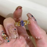 Vàng Retro Siêu Nhấp Nháy Nhẫn Tím Thời Trung Cổ Chải Phong Cách Cung Điện Chỉ Số Nhẫn