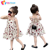 váy 2 dây bé gái,váy hoa hồng 2 dây hở lưng cho bé gái mặc hè thoáng mát , đầm bé gái s854