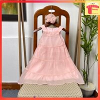 Váy 2 dây cho bé tặng chun buộc tóc 2-11 tuổi cổ cách điệu thêu hoa hàng thiết kế vải tơ nhẹ