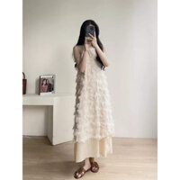 Váy 2 Dây Cổ Yếm Chất Ren Lông Phối Đuôi Voan, Đầm Maxi Dáng Suông Có Lót Trong Đi bBển Đi Chơi Dự Tiệc