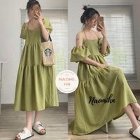 Váy 2 dây dáng dài buộc nơ vai 2 lớp phối bèo tay mặc được nhiều kiểu. Đầm 2 dây đi biển dáng dài rộng 3 tầng nhiều màu