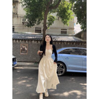 Váy 2 dây dáng dài xòe váy hai dây kèm áo khoác cardigan len mỏng hàng hàng Quảng Châu 2024 Aline Store