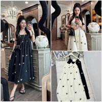 Váy 2 dây đi biển ly ngực họa tiết nơ, đầm maxi 2 dây dáng dài 1 lớp họa tiết