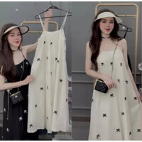 Váy 2 dây đi biển ly ngực họa tiết nơ, đầm maxi 2 dây dáng dài 1 lớp free mát mẻ