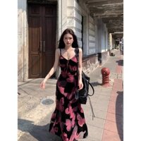 Váy 2 dây hoa nhí Váy trễ vai Đầm hai dây body dáng dài Retro Bướm In Hình Sling Đầm Nữ Mùa Hè Gợi Cảm Hông Váy Đỏ Nẹp Eo Mỏng Hơn Nhìn Váy