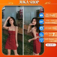 Váy 2 dây kẻ nơ lưng phong cách ulzzang - Đầm dáng xoè 2 dây kẻ đỏ caro  ྇ ་