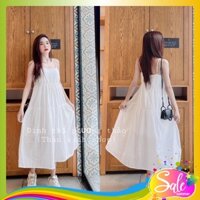 Váy 2 dây maxi trắng xòe 2 tầng nữ tính bánh bèo Đầm hai dây xếp ly dài qua gối tiểu thư công chúa trẻ đẹp hot