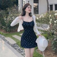 váy 2 dây ngắn,đầm body hoa nhí có mút ngực buộc nơ kèm áo choàng ngoài C386