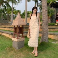 Váy 2 dây nữ mầu trắng tua rua dài thân dáng rộng du lịch đi biển mùa hè, đầm nữ dự tiệc đi nghỉ dưỡng xếp tầng đẹp