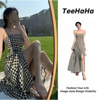 Váy 2 dây trễ vai Đầm hai dây body dáng dài Đầm Nữ Houndstooth Kẻ Sọc Sling Mùa Xuân Mùa Hè Phong Cách Mới Hẹp Eo Ôm Hơn Nhìn Thiết Kế Cảm Giác Sang Trọng Chia Váy Dài
