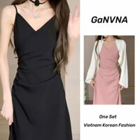 Váy 2 dây Váy body dáng dài Váy đi biển Đầm dự tiệc Váy body Phù hợp với váy Sling màu đen Áo khoác trắng phong cách mới