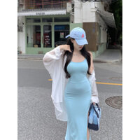 Váy 2 dây Váy đi biển Đầm Váy body dáng dài Suspender Đầm Nữ Mùa Hè Xanh Slim-fit Chia Váy Cô Gái Nóng Không Tay Váy Dài Hông