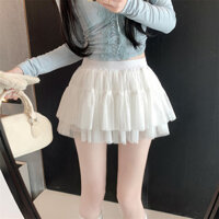 Váy 2025 phồng trơn kiểu mới phong cách chân váy tôn dáng gầy váy ngắn mùa xuân khí chất chấm bi lưới khâu eo cao mong muốn 2RVN