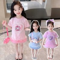 Váy áo cộc tay hè cho bé gái áo thun cổ tròn dấu quần tay ngắn đính ren tutu hoạt hình công chúa kim sa Kuromi
