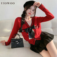 Váy áo len màu Đỏ uiokoo nơ trang phục nữ hai chiếc nổi tiếng trên mạng