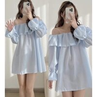 Váy Áo Trễ Vai Xốp Caro Xanh Nhạt (hình thật) Đầm Trễ Vai Bèo Babydoll Style Hàn Quốc