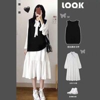 Váy Baby Doll Màu Trắng Bánh bèo Nơ cổ, Đầm Tiểu Thư Ulzzang