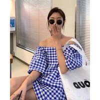 Váy babydoll bẹt vai tay phồng kẻ caro xanh