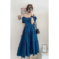 Váy Babydoll dáng dài, Váy nữ xanh tay phồng - Tặng kèm cột tóc dễ thương