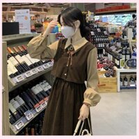 🎀váy babydoll dáng dài váy mùa đông cho nữ váy dài Đầm Giả Hai Mảnh Dáng Dài Phối Nơ Phong Cách Pháp Cổ Điển Mẫu