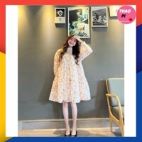 Váy babydoll hoa nhí tay dài cổ trụ đi chơi đi dạo bầu bì bon chen siêu dễ thương
